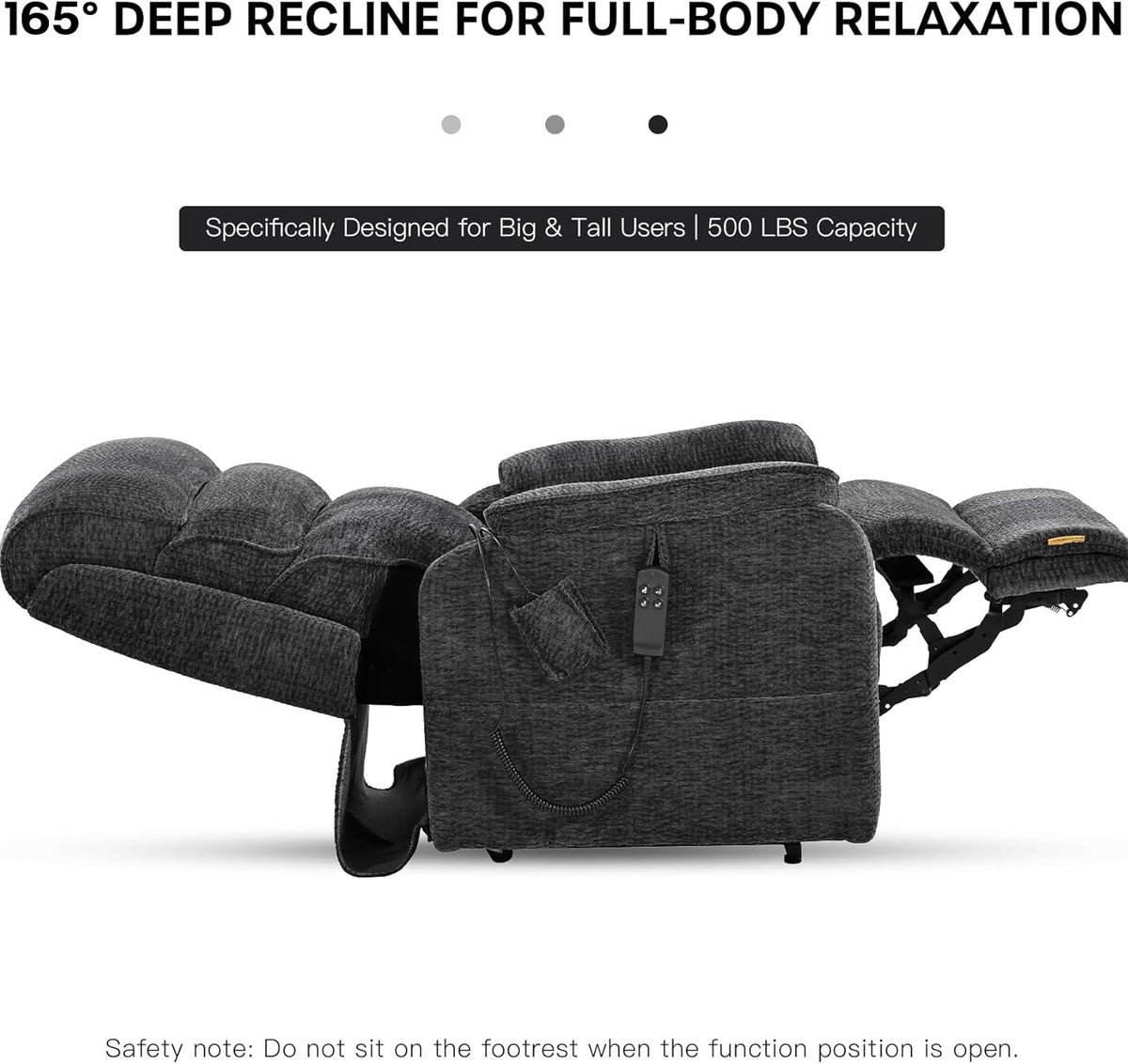 Deep recline graphic for the Irene House 9188 EW500 dark gray chenille: the chair opened right back to 165 degrees for full-body relaxation, built for big and tall users up to 500 lb