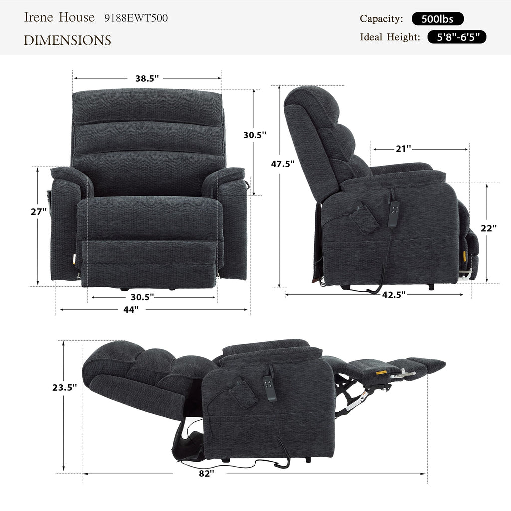 Irene House 9188 EWT500 heavy duty lift recliner dimensions in dark gray chenille — 500 lb capacity, for users 5'8" to 6'5", 44 inch overall width, 30.5 inch seat width, 82 inch reclined length, 105 to 165 degree recline