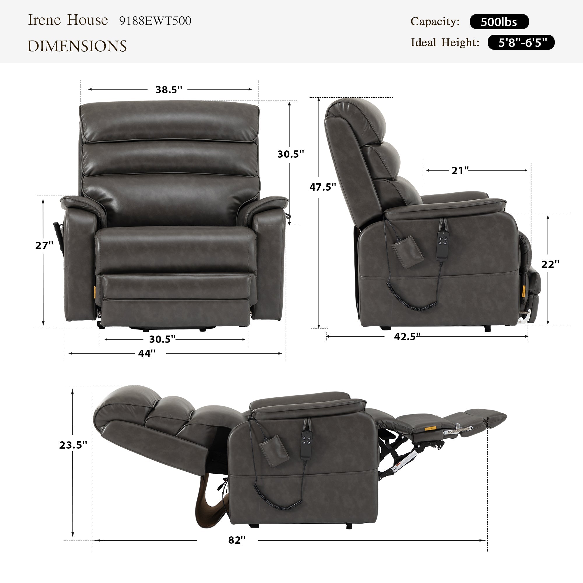 Irene House 9188 EWT500 heavy duty lift recliner dimensions in gray breathable leather — 500 lb capacity, for users 5'8" to 6'5", 44 inch overall width, 30.5 inch seat width, 82 inch reclined length, 105 to 165 degree recline