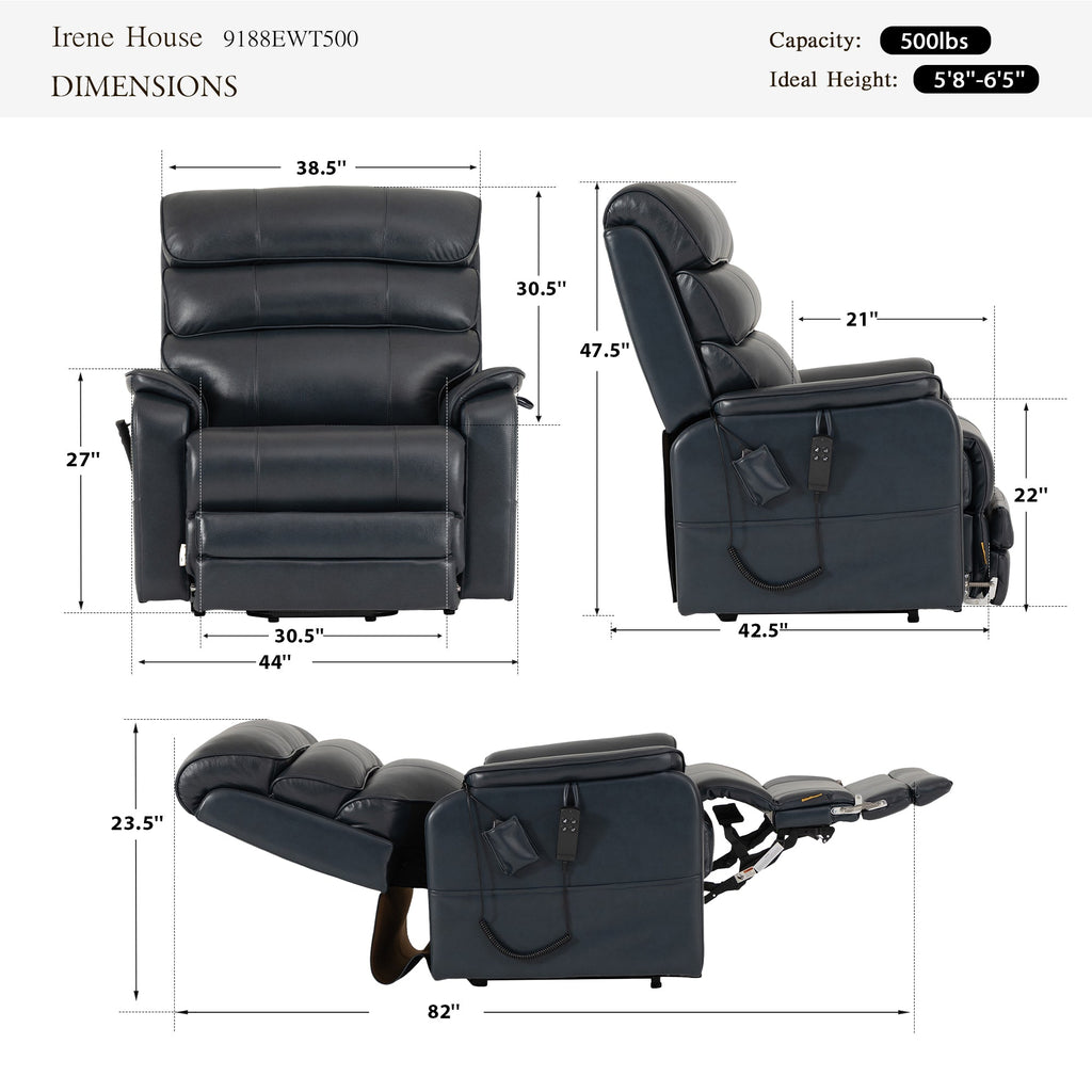 Irene House 9188 EWT500 heavy duty lift recliner dimensions in dark blue top grain leather — 500 lb capacity, for users 5'8" to 6'5", 44 inch overall width, 30.5 inch seat width, 82 inch reclined length, 105 to 165 degree recline