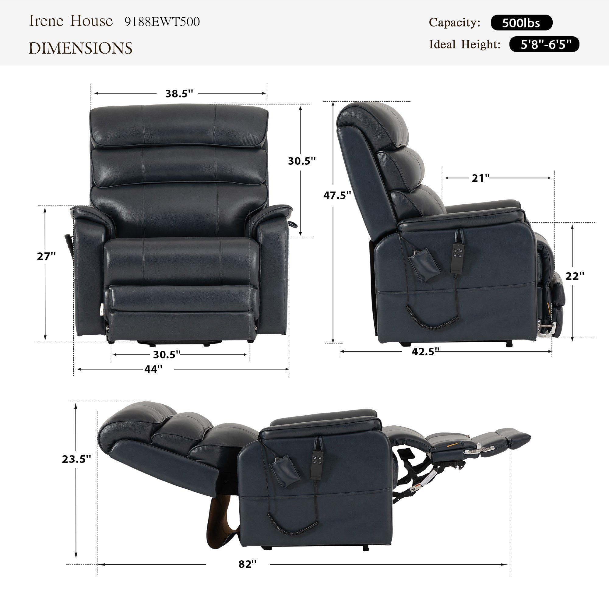 Irene House 9188 EWT500 heavy duty lift recliner dimensions in dark blue top grain leather — 500 lb capacity, for users 5'8" to 6'5", 44 inch overall width, 30.5 inch seat width, 82 inch reclined length, 105 to 165 degree recline