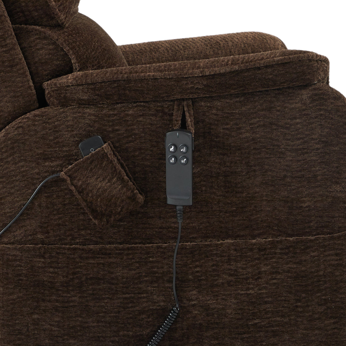 Close-up of the Irene House 9188 EWT500 side pocket with the remote within reach on the dark brown chenille upholstery