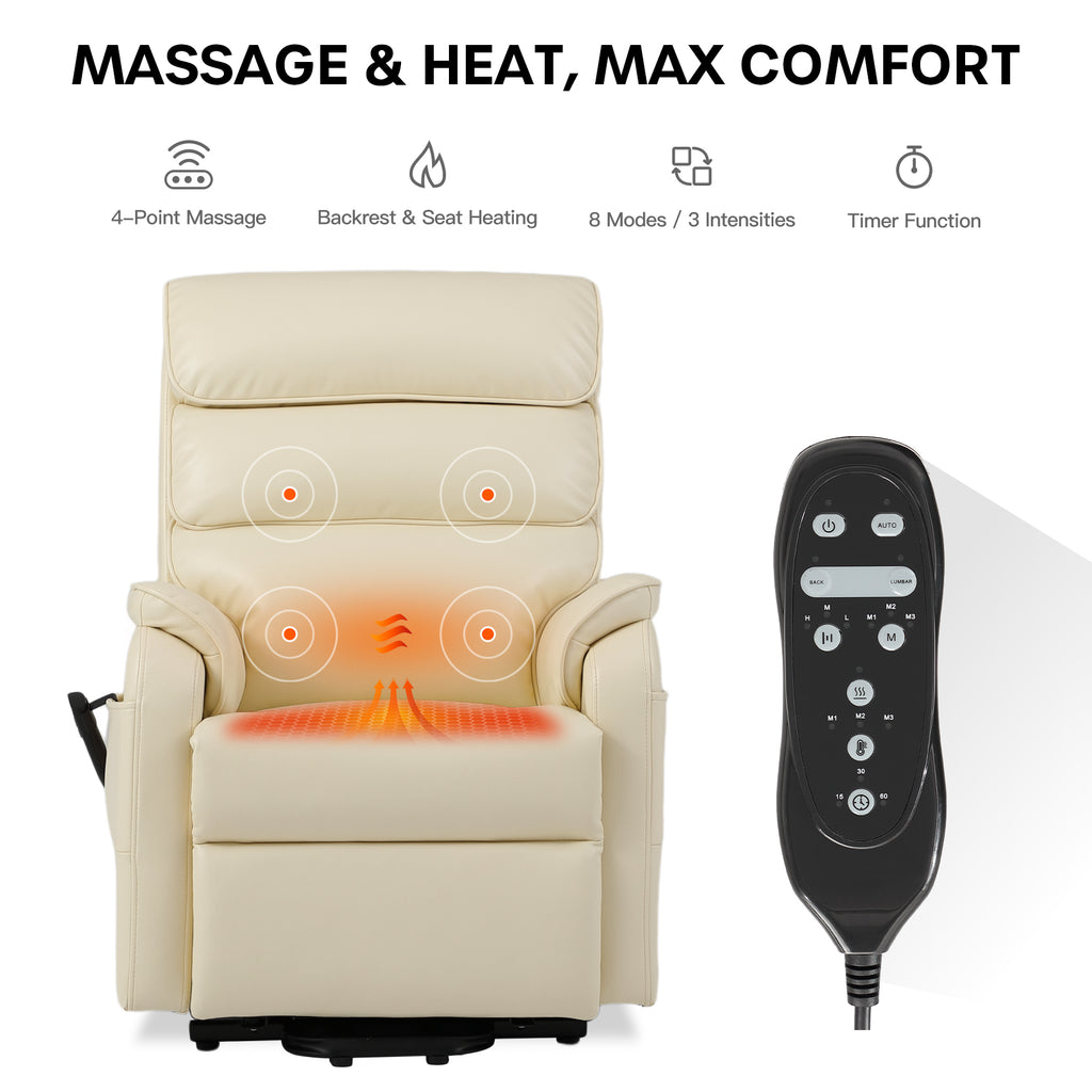 Massage and heat graphic for the Irene House 9188S cream white breathable leather: 4-point massage, backrest and seat heating, 8 modes with 3 intensities and a timer