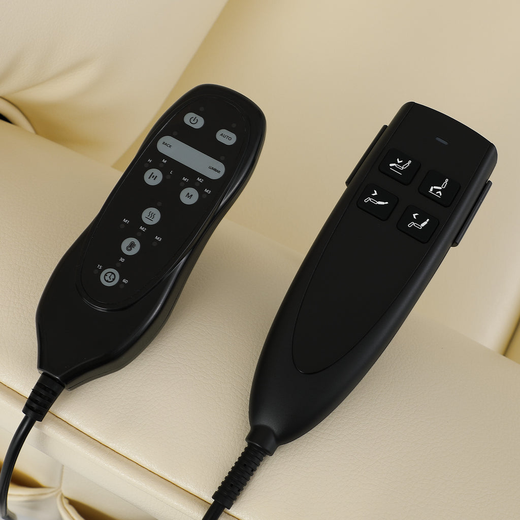 The two Irene House 9188S hand controls, one for lift and recline and one for heat and massage, shown on cream white breathable leather upholstery