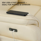 Close-up of a phone charging from the 18W USB-A fast charge port on the Irene House 9188S cream white breathable leather lift recliner