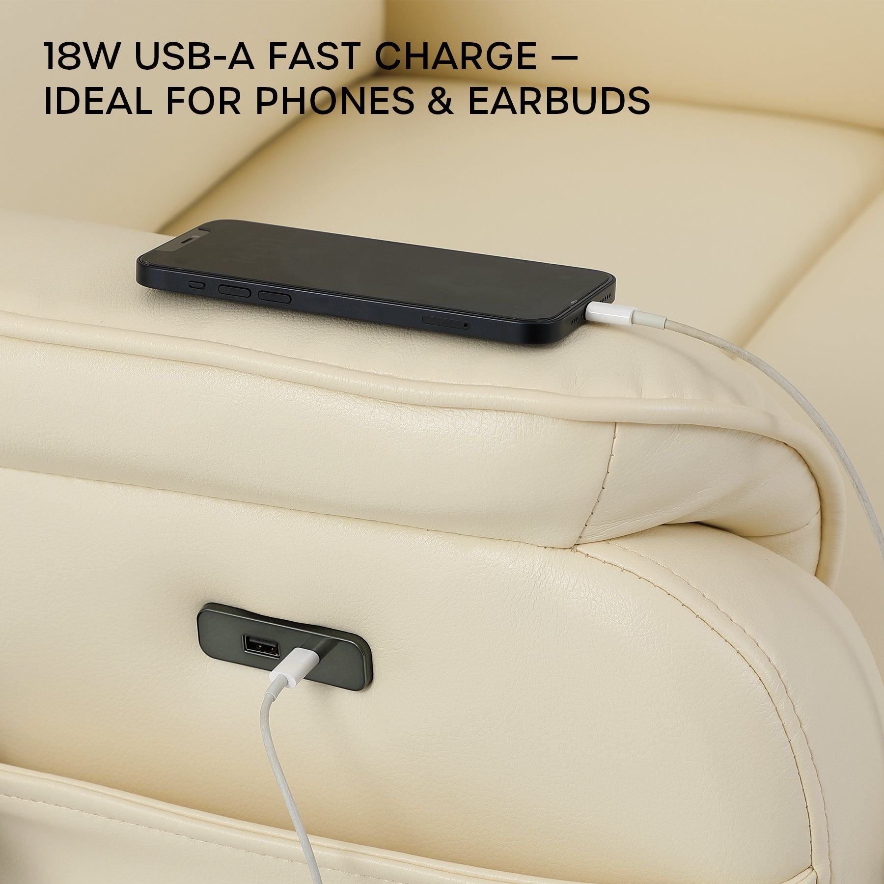 Close-up of a phone charging from the 18W USB-A fast charge port on the Irene House 9188S cream white breathable leather lift recliner