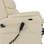 Close-up of the side pocket and quick-release charging module on the Irene House 9188S cream white breathable leather lift recliner