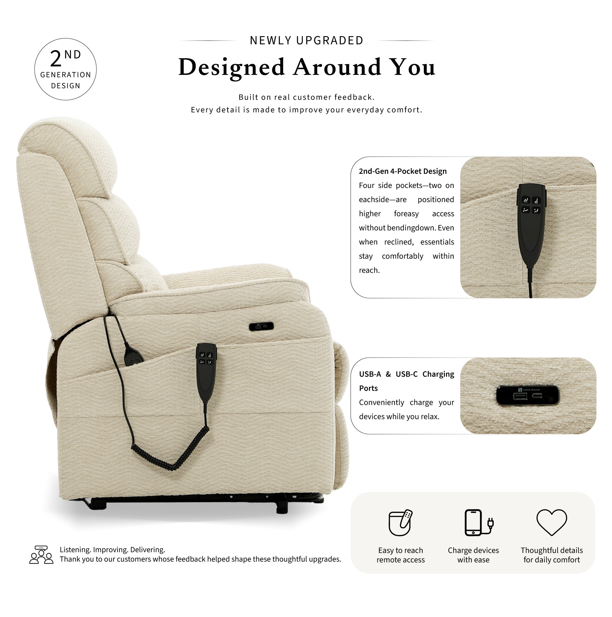 Irene House 9188S petite beige chenille power lift recliner, 2nd generation upgrade with four higher side pockets and USB-A and USB-C charging ports