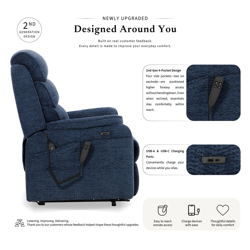 Irene House 9188S petite blue chenille power lift recliner, 2nd generation upgrade with four higher side pockets and USB-A and USB-C charging ports