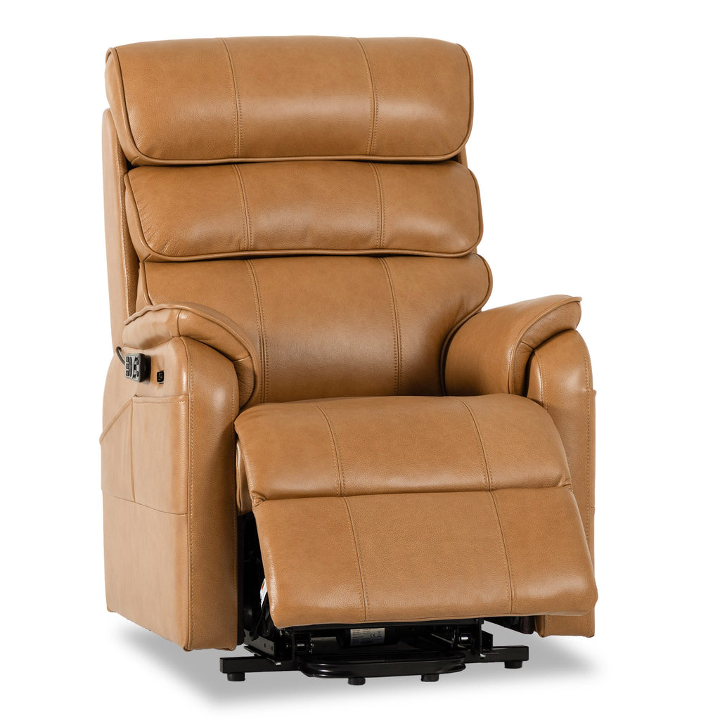 Irene House 9188S Pro small power lift recliner for petite adults in yellow brown top grain leather, 45-degree view with the footrest extended