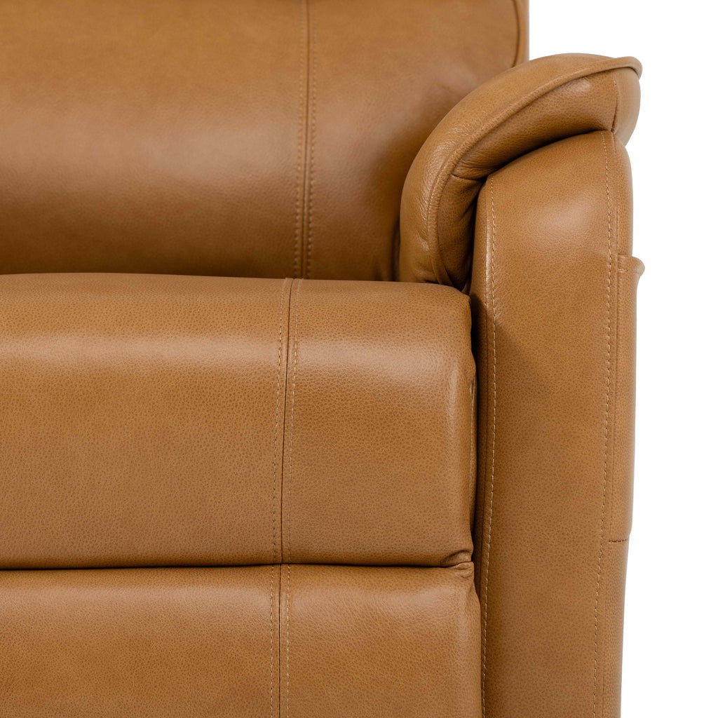 Close-up of the yellow brown top grain leather upholstery and arm stitching on the Irene House 9188S Pro