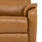 Close-up of the yellow brown top grain leather upholstery and arm stitching on the Irene House 9188S Pro