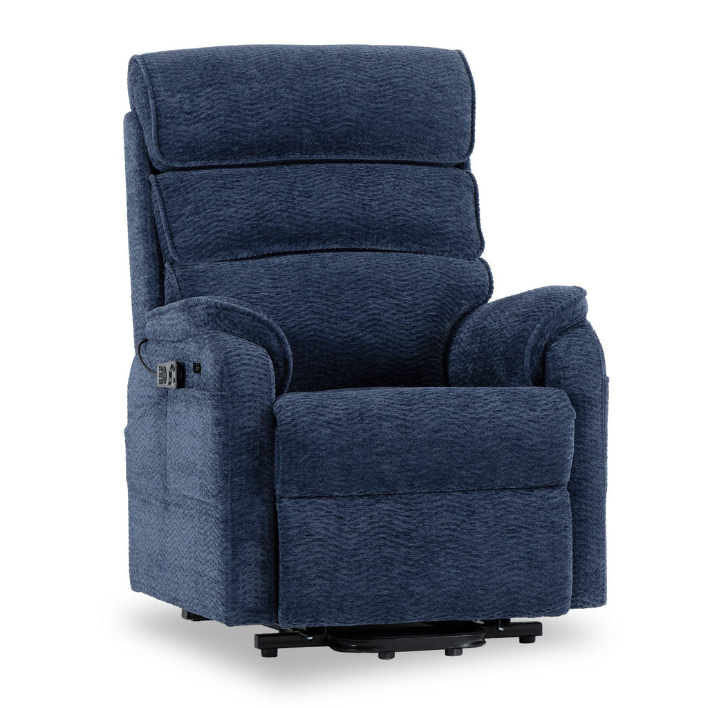 Irene House 9188S Pro small power lift recliner in blue chenille, 45-degree view with the seat raised