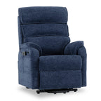 Irene House 9188S Pro small power lift recliner in blue chenille, 45-degree view with the seat raised