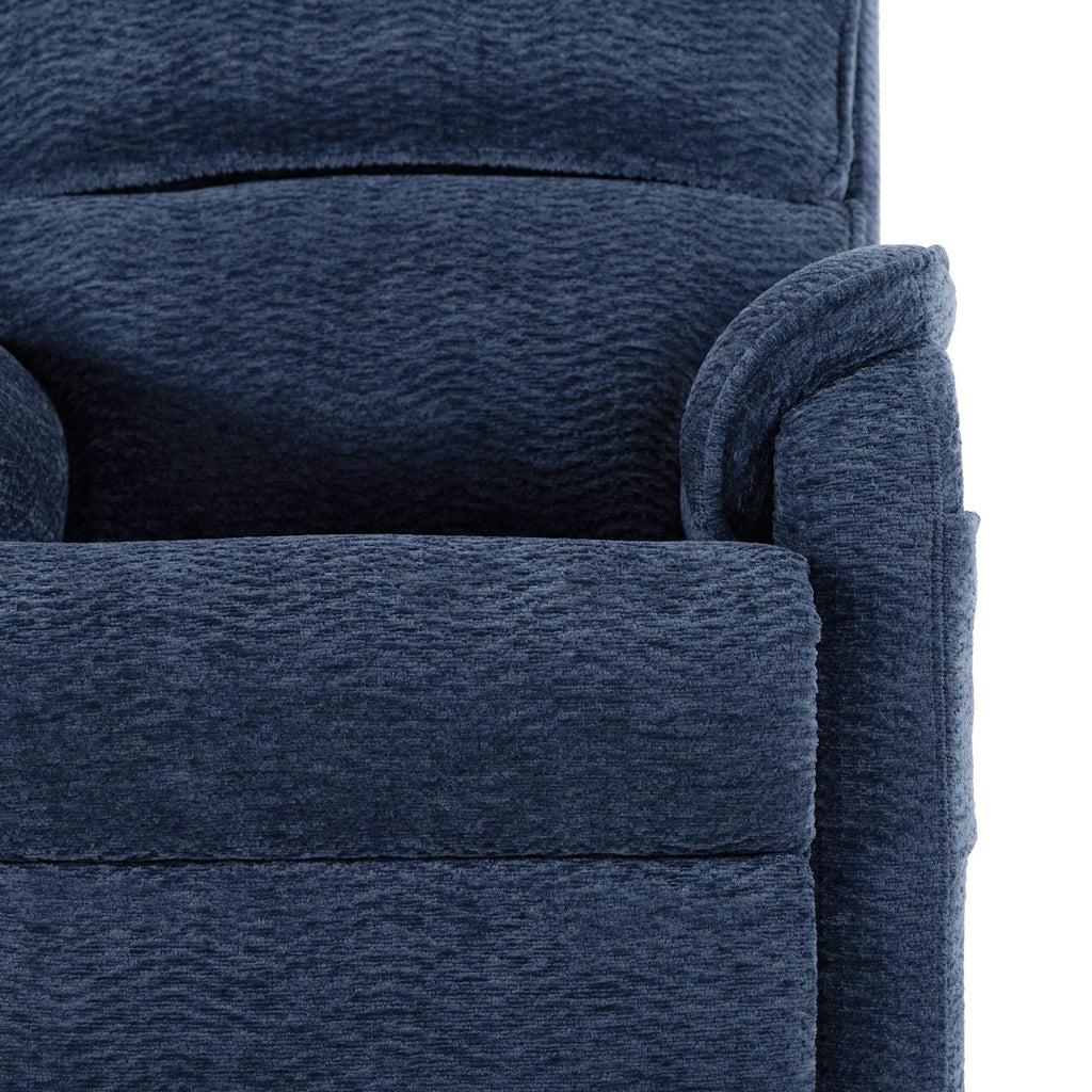 Close-up of the blue chenille upholstery and arm stitching on the Irene House 9188S Pro