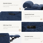 Irene House 9188S Pro features in blue chenille — adjustable headrest, raised side pocket, USB-A and USB-C ports, extendable footrest