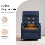 Irene House 9188S Pro in blue chenille showing four-point vibration massage and dual-zone heating at the lumbar and seat