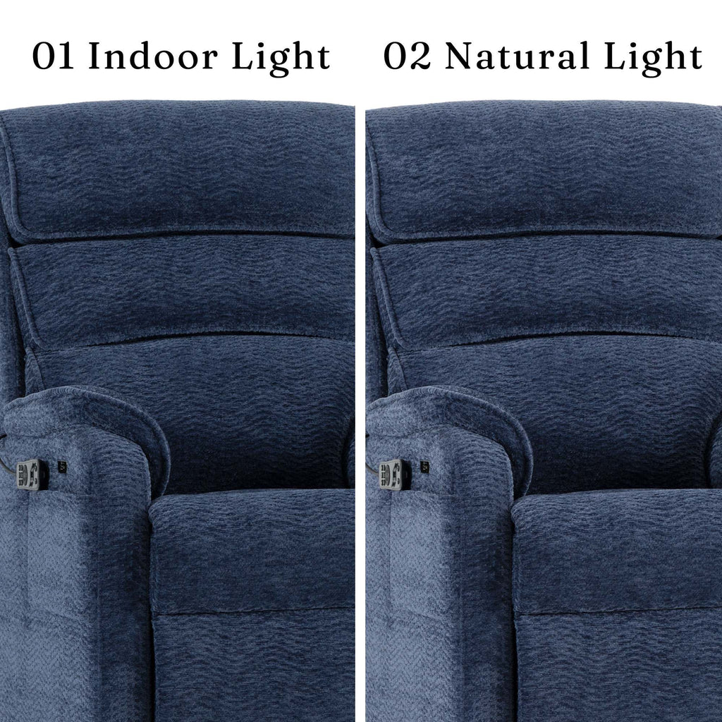Irene House 9188S Pro blue chenille upholstery compared under indoor light and natural light