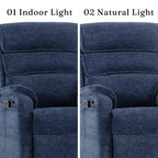 Irene House 9188S Pro blue chenille upholstery compared under indoor light and natural light