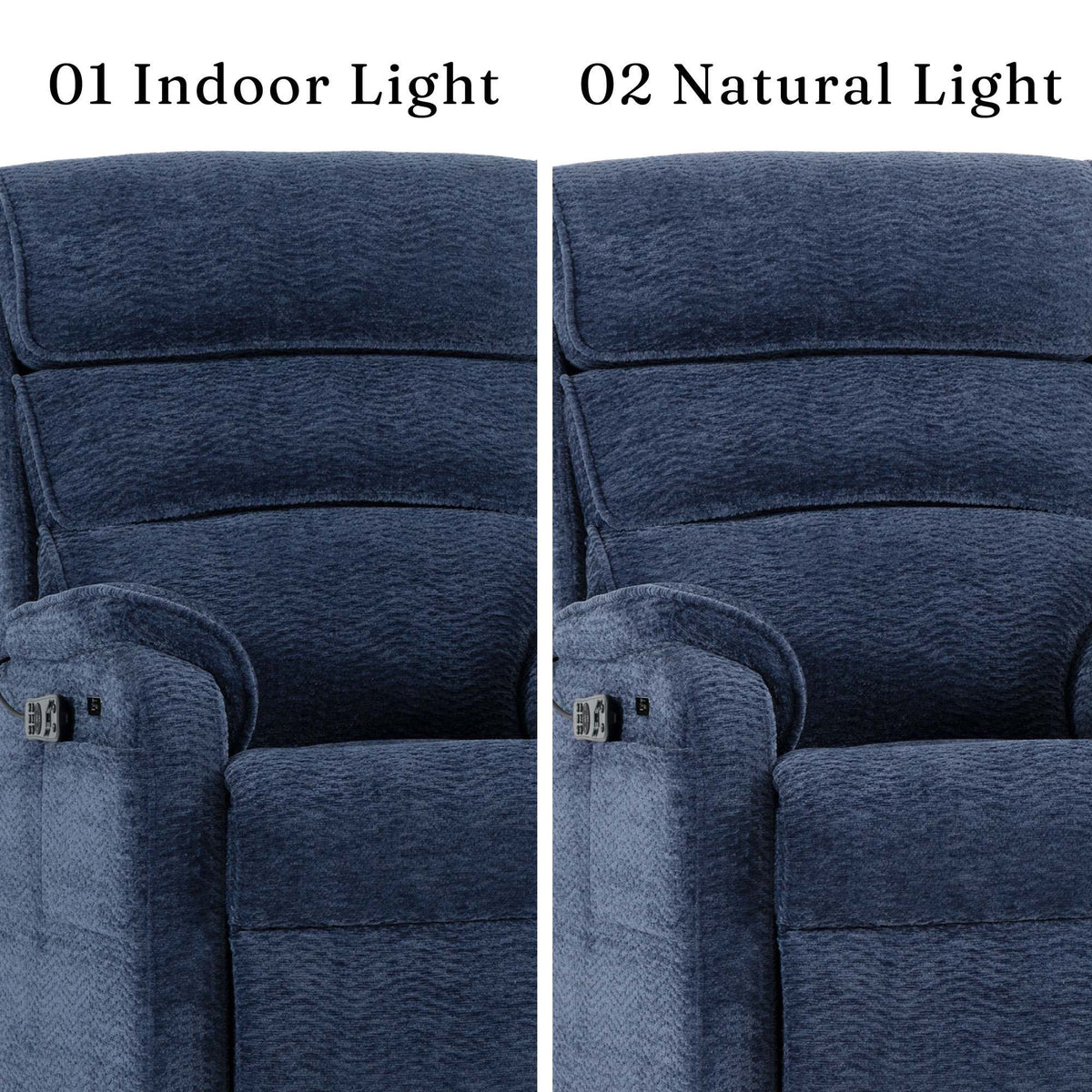 Irene House 9188S Pro blue chenille upholstery compared under indoor light and natural light