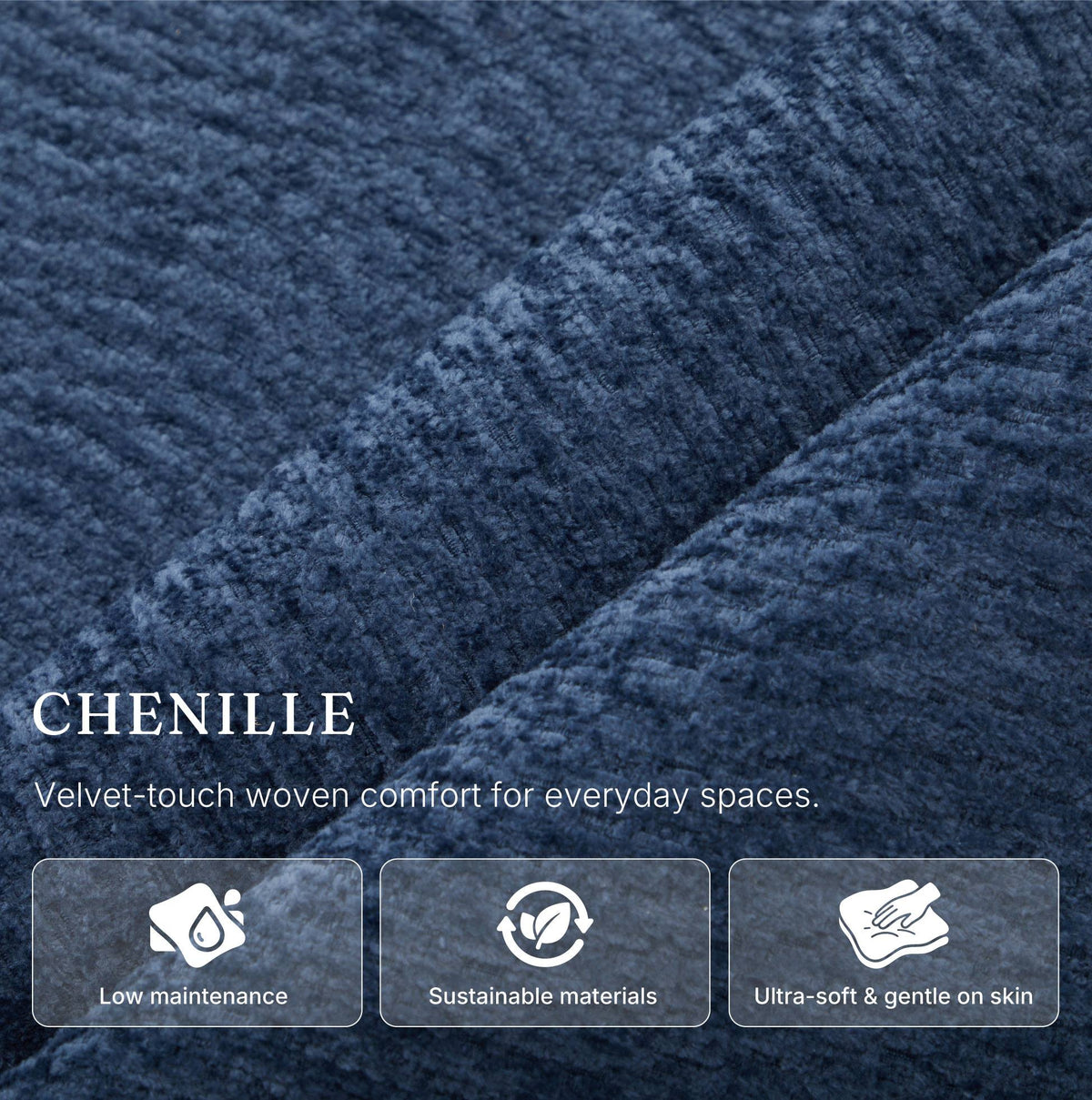 Chenille fabric used on the Irene House 9188S Pro in blue — velvet-touch woven, low maintenance, gentle on skin