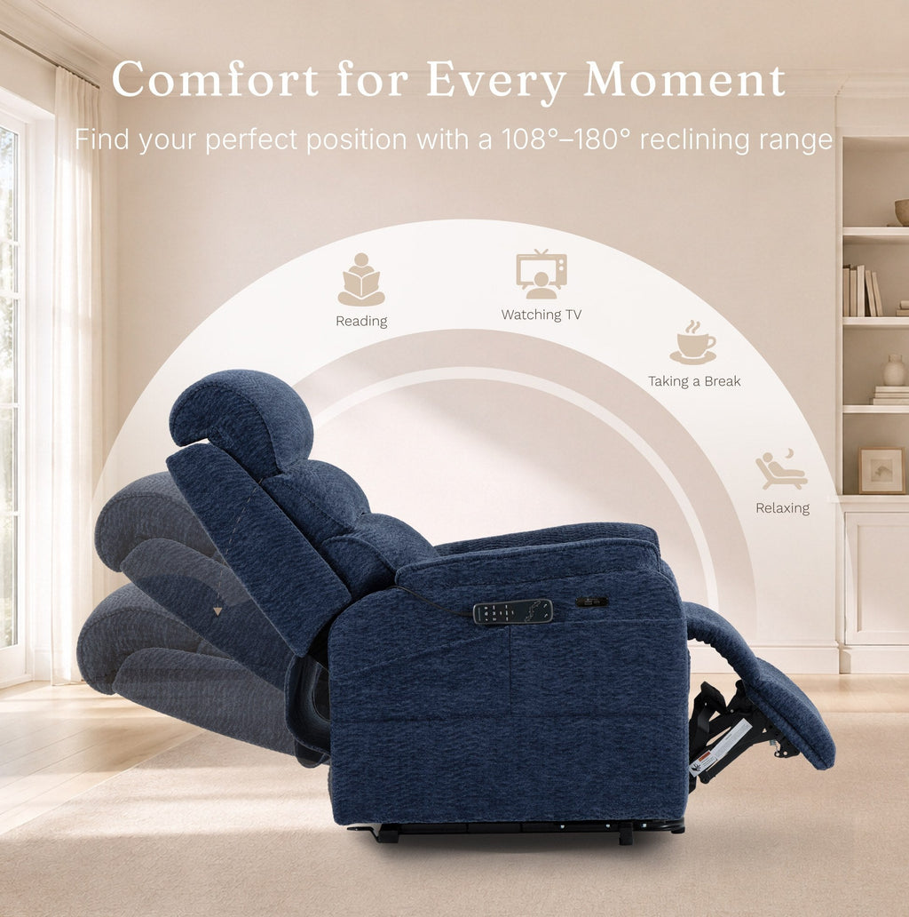 Irene House 9188S Pro in blue chenille reclining through its 108 to 180 degree range for reading, TV and resting