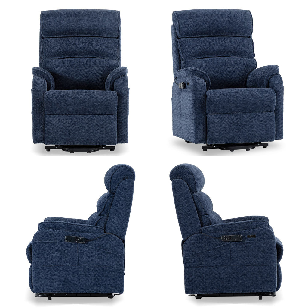 Irene House 9188S Pro in blue chenille shown from four angles — front, side, upright and reclined