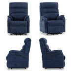 Irene House 9188S Pro in blue chenille shown from four angles — front, side, upright and reclined