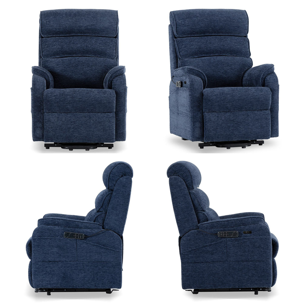 Irene House 9188S Pro in blue chenille shown from four angles — front, side, upright and reclined