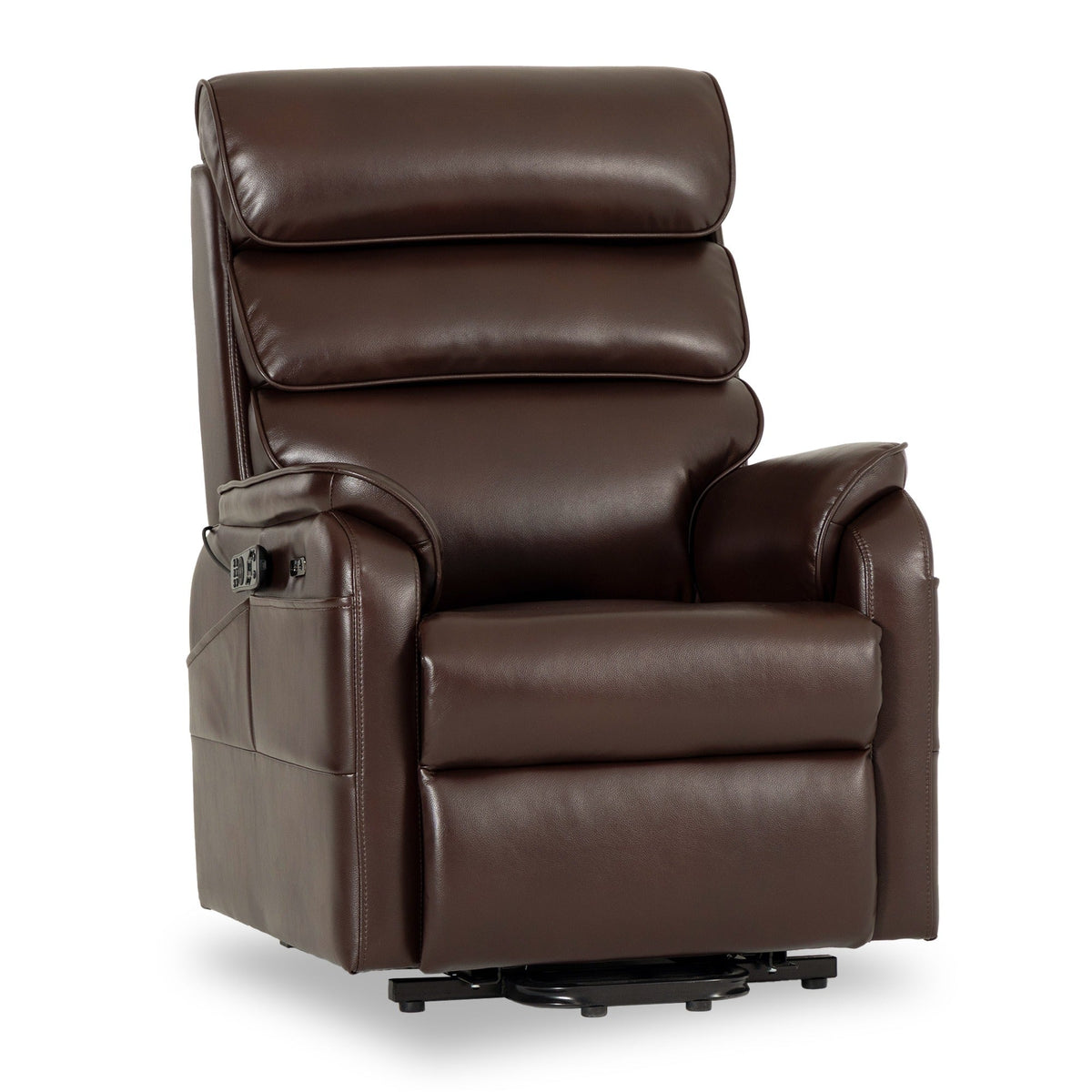 Irene House 9188S Pro small power lift recliner in brown breathable faux leather, 45-degree view with the seat raised