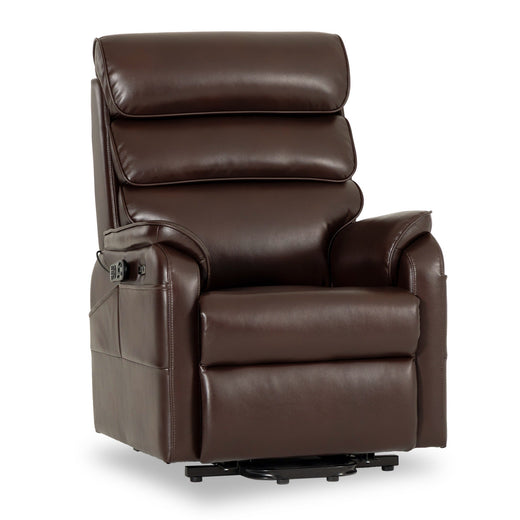 Irene House 9188S Pro small power lift recliner in brown breathable faux leather, 45-degree view with the seat raised