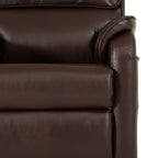 Close-up of the brown breathable faux leather upholstery and arm stitching on the Irene House 9188S Pro