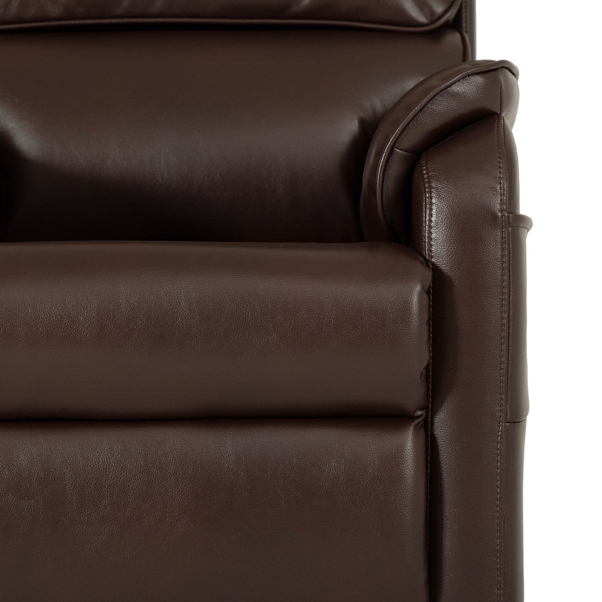 Close-up of the brown breathable faux leather upholstery and arm stitching on the Irene House 9188S Pro