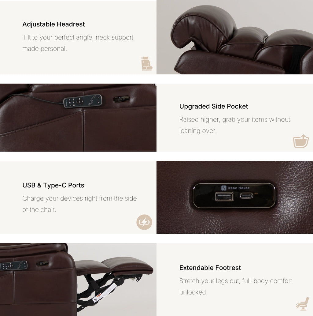Irene House 9188S Pro features in brown breathable faux leather — adjustable headrest, raised side pocket, USB-A and USB-C ports, extendable footrest