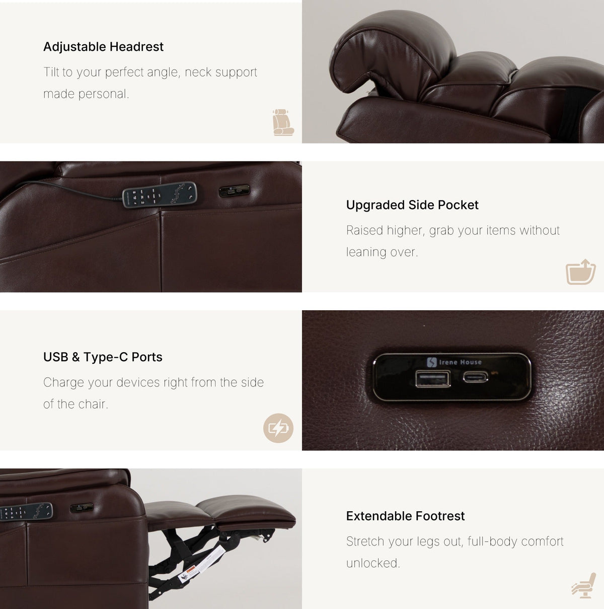 Irene House 9188S Pro features in brown breathable faux leather — adjustable headrest, raised side pocket, USB-A and USB-C ports, extendable footrest