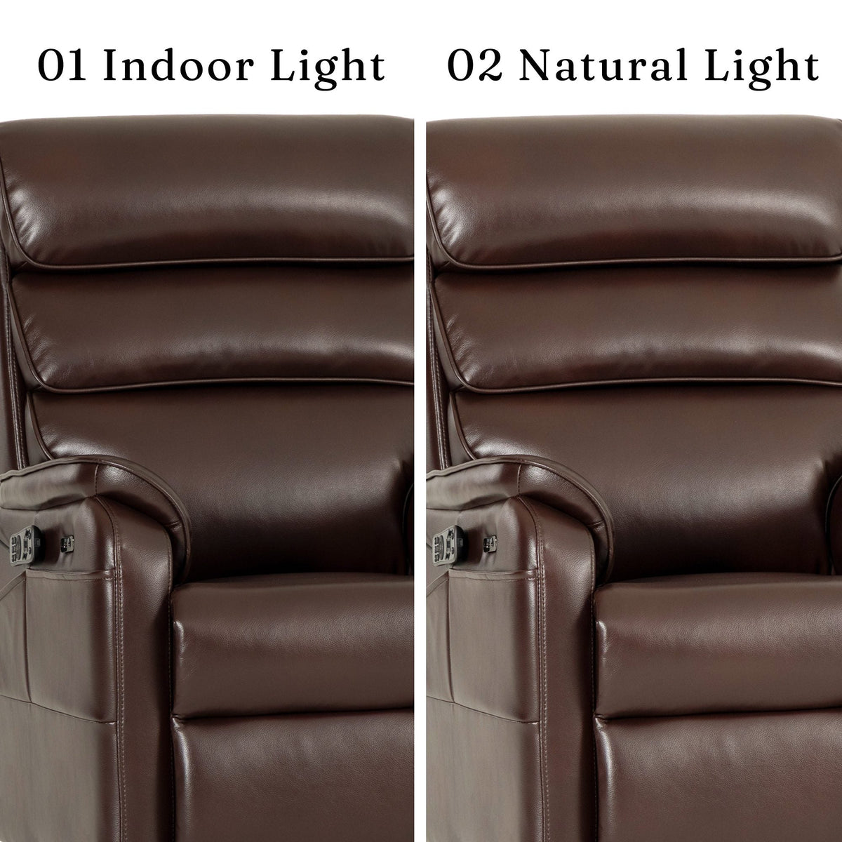 Irene House 9188S Pro brown breathable faux leather upholstery compared under indoor light and natural light