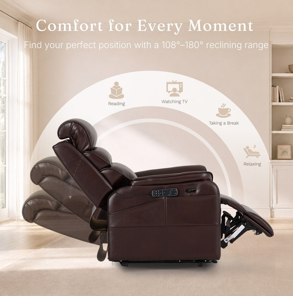 Irene House 9188S Pro in brown breathable faux leather reclining through its 108 to 180 degree range for reading, TV and resting