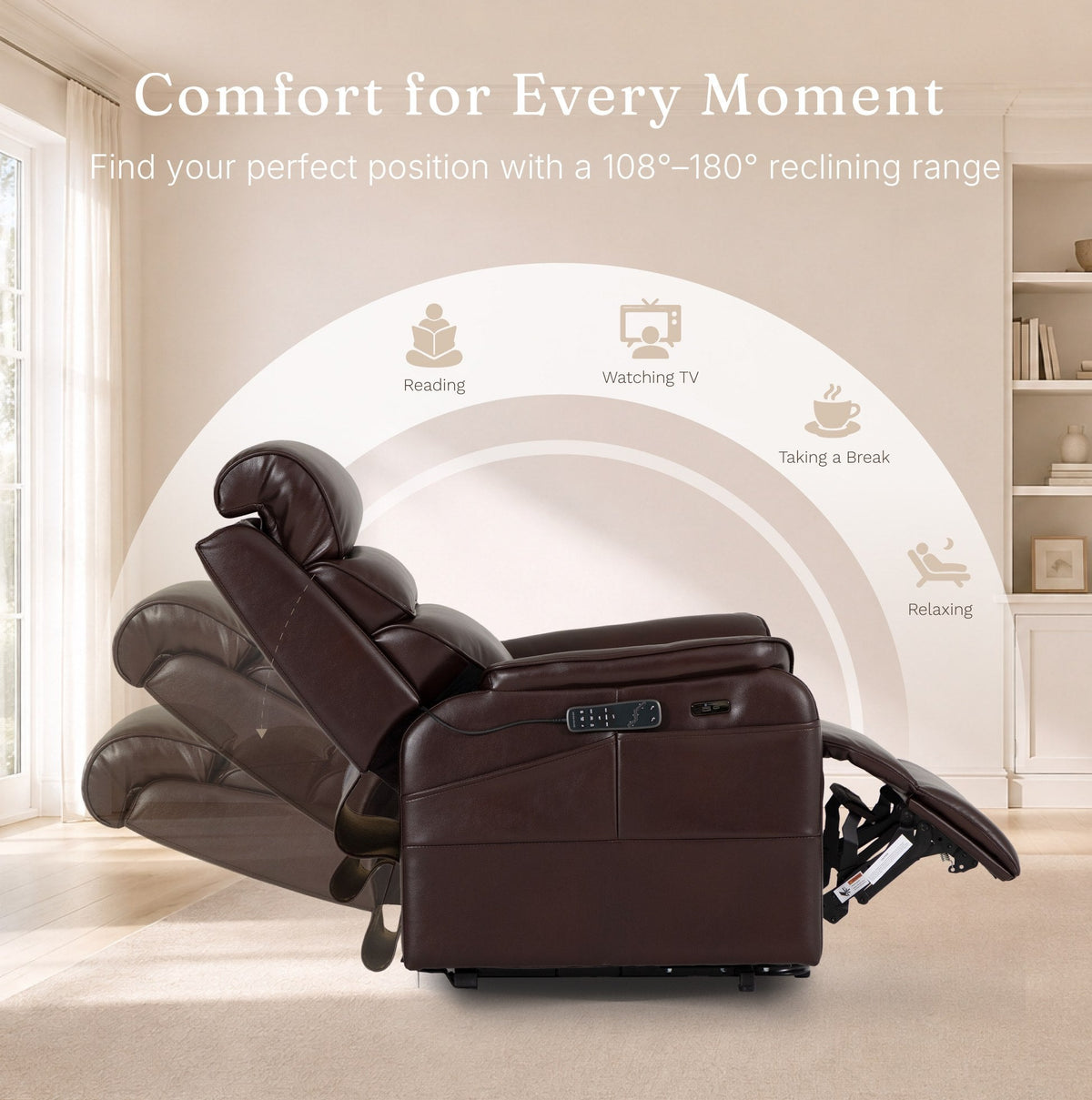 Irene House 9188S Pro in brown breathable faux leather reclining through its 108 to 180 degree range for reading, TV and resting