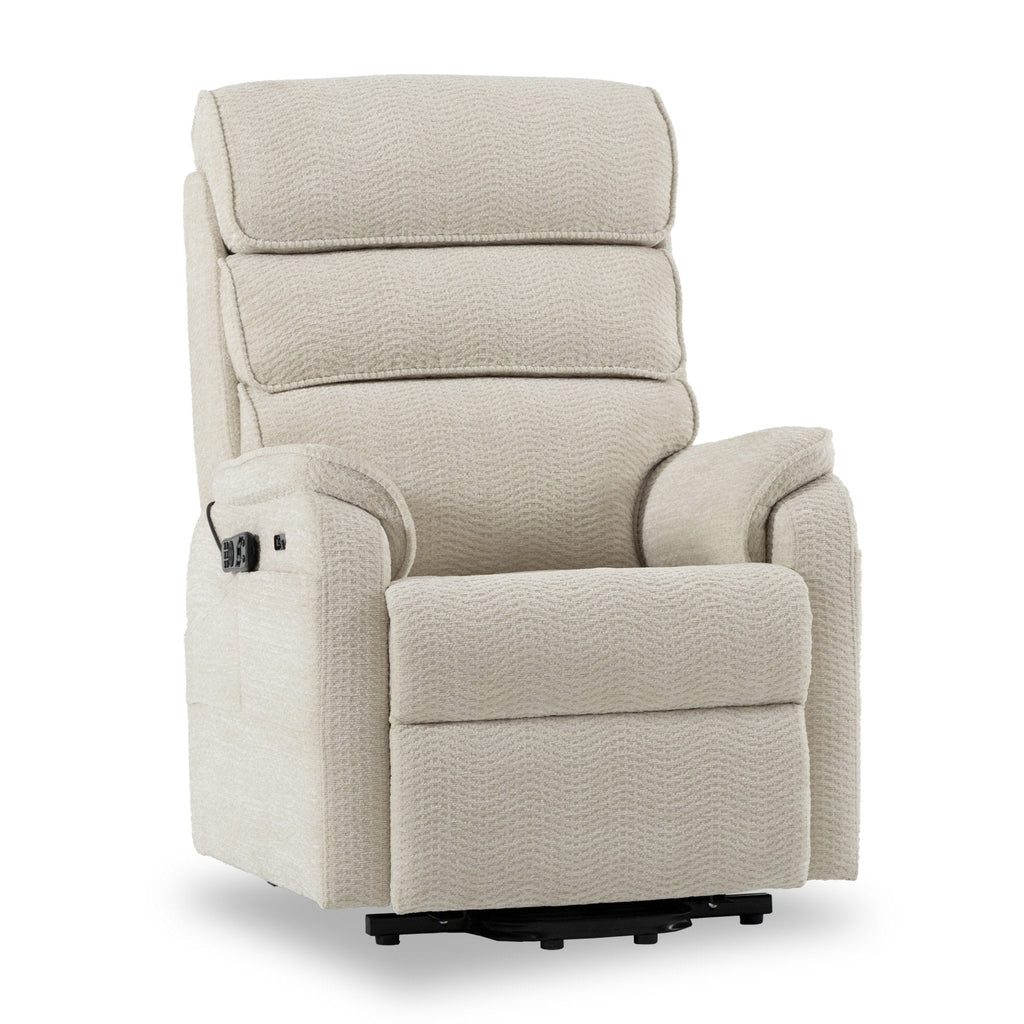 Irene House 9188S Pro small power lift recliner in cream white chenille, 45-degree view with the seat raised