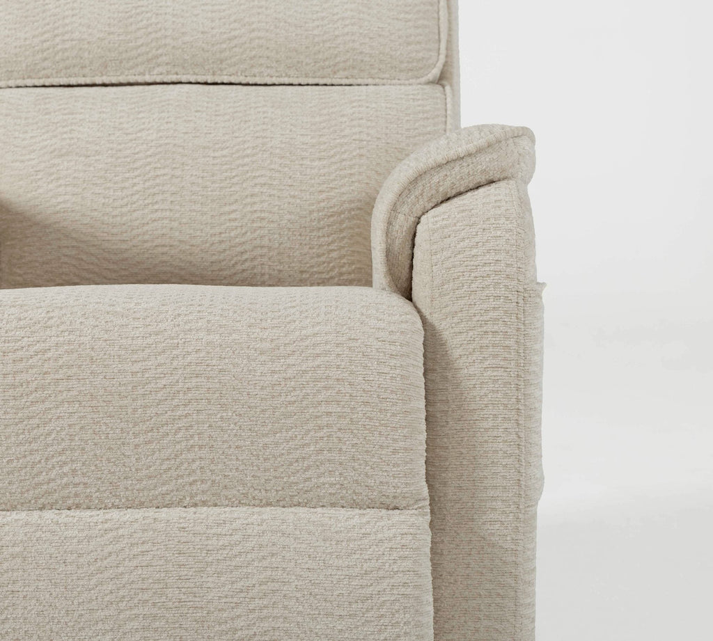 Close-up of the cream white chenille upholstery and arm stitching on the Irene House 9188S Pro
