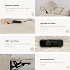Irene House 9188S Pro features in cream white chenille — adjustable headrest, raised side pocket, USB-A and USB-C ports, extendable footrest