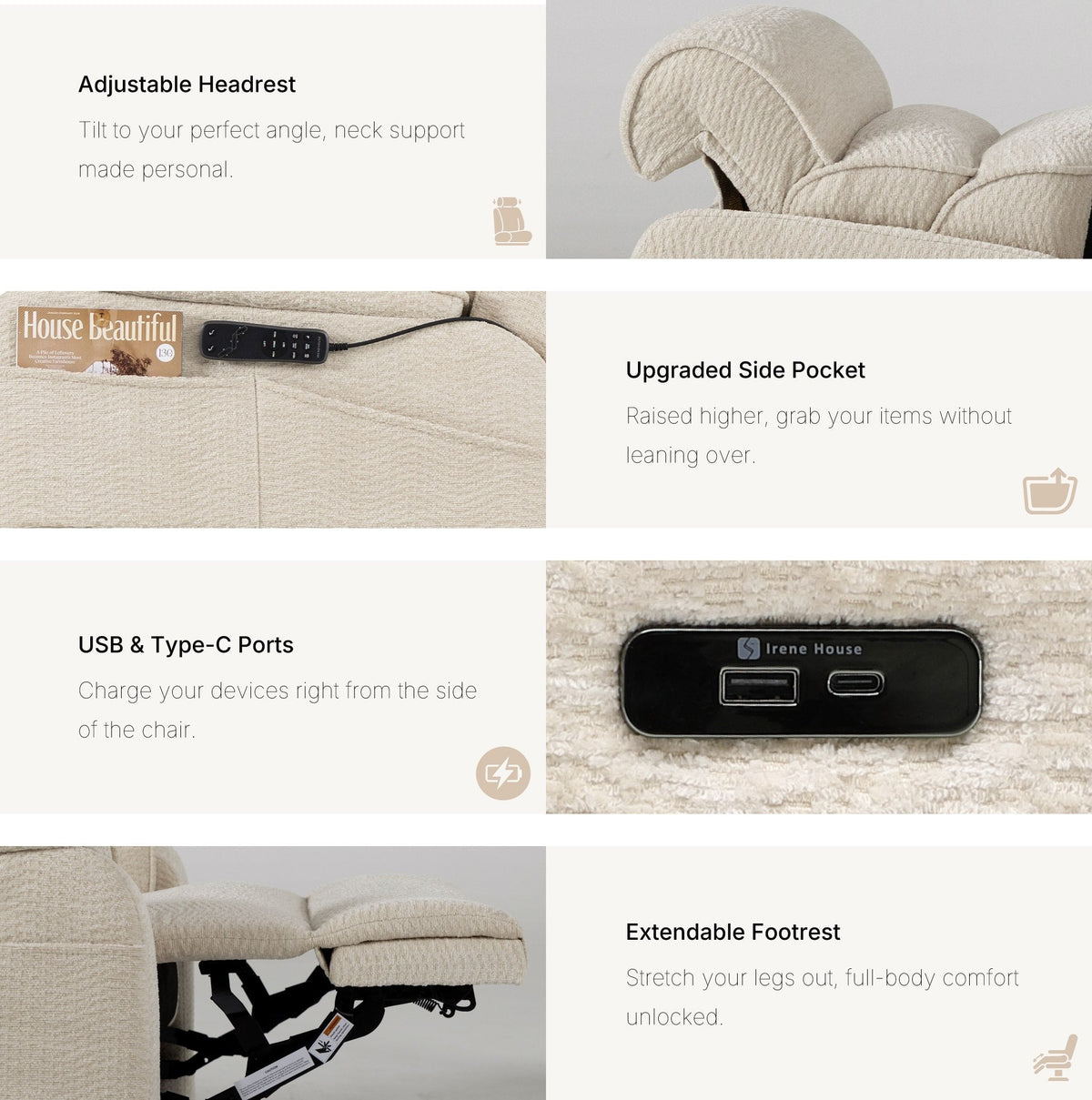 Irene House 9188S Pro features in cream white chenille — adjustable headrest, raised side pocket, USB-A and USB-C ports, extendable footrest