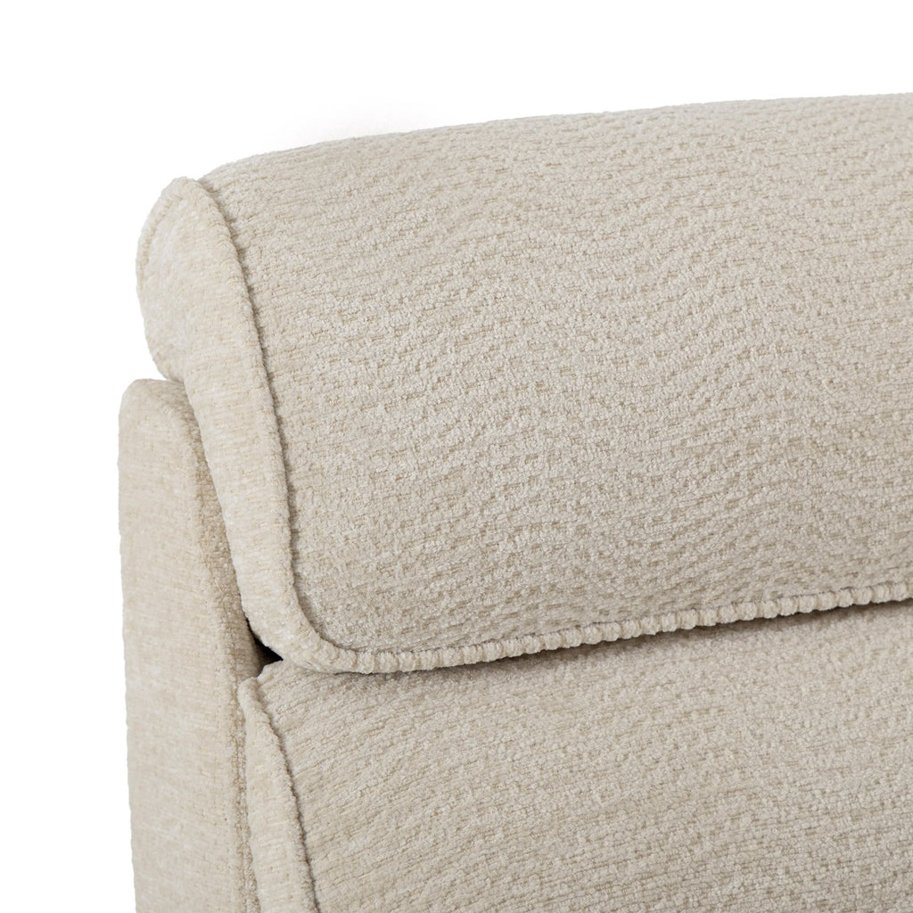 Close-up of the adjustable headrest on the Irene House 9188S Pro in cream white chenille