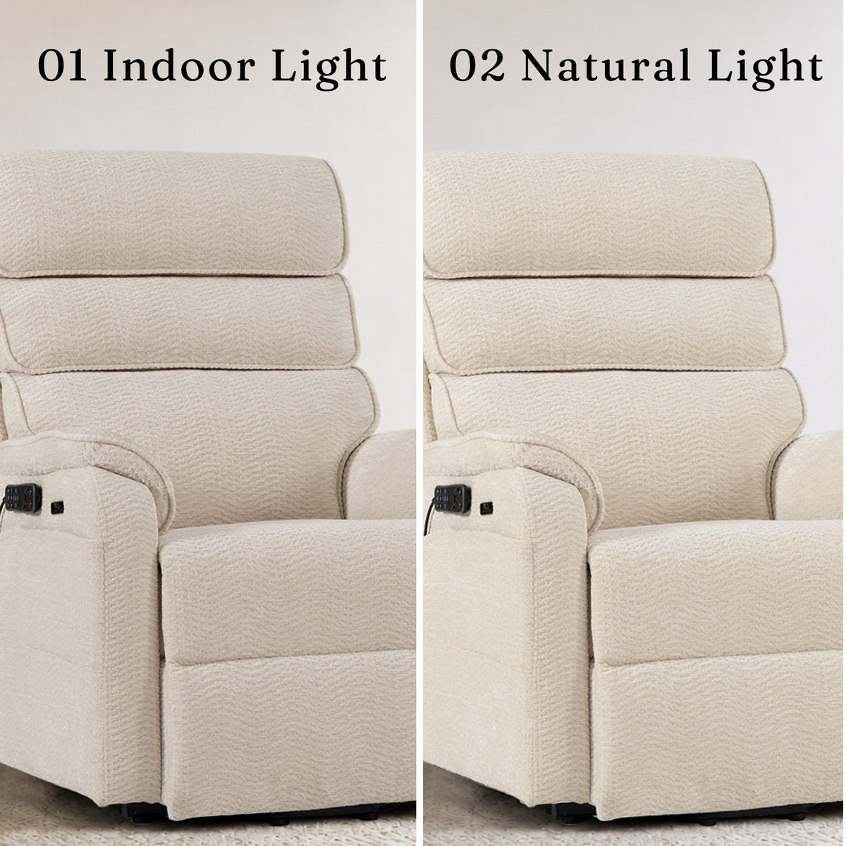 Irene House 9188S Pro cream white chenille upholstery compared under indoor light and natural light