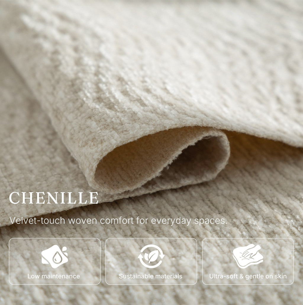 Chenille fabric used on the Irene House 9188S Pro in cream white — velvet-touch woven, low maintenance, gentle on skin