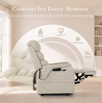 Irene House 9188S Pro in cream white chenille reclining through its 108 to 180 degree range for reading, TV and resting