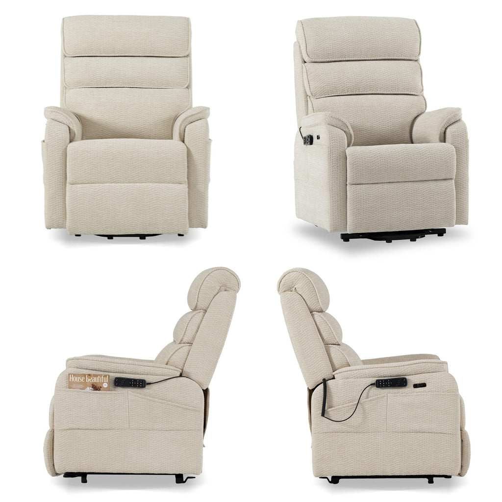 Irene House 9188S Pro in cream white chenille shown from four angles — front, side, upright and reclined