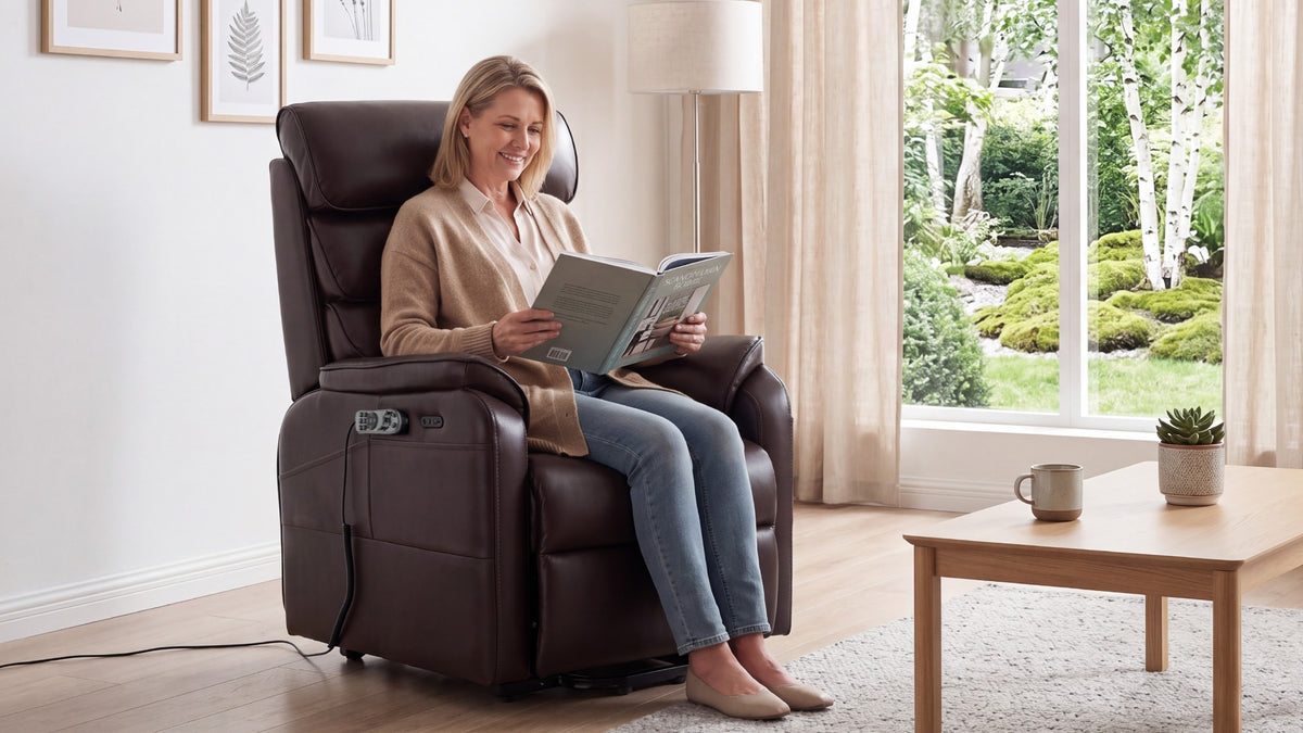 A woman sitting and reading in the Irene House 9188S Pro in brown breathable faux leather beside a sunlit window