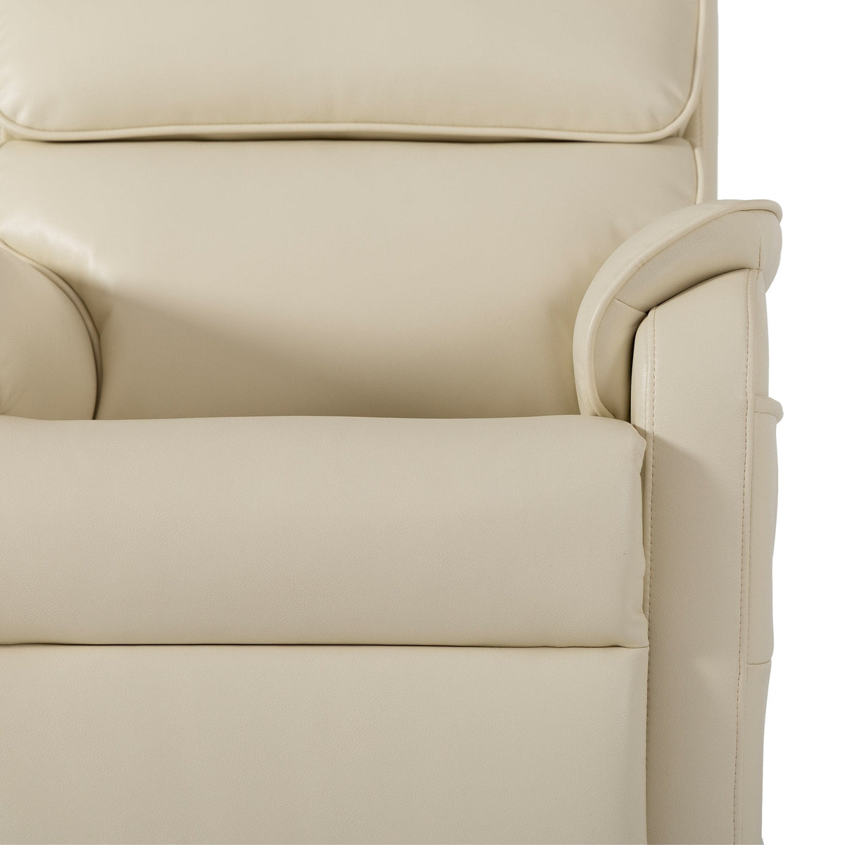 Close-up of the cream white breathable faux leather upholstery and arm stitching on the Irene House 9188S Pro