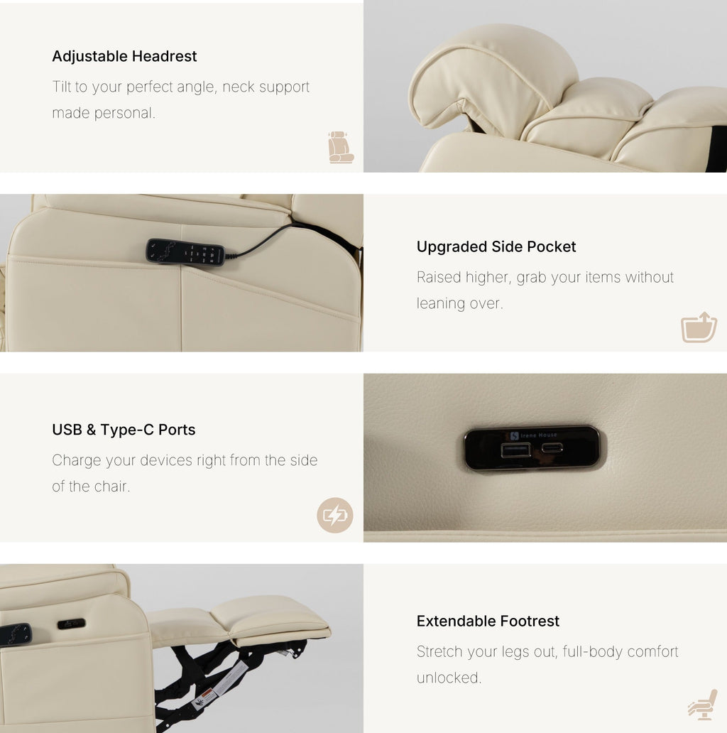 Irene House 9188S Pro features in cream white breathable faux leather — adjustable headrest, raised side pocket, USB-A and USB-C ports, extendable footrest